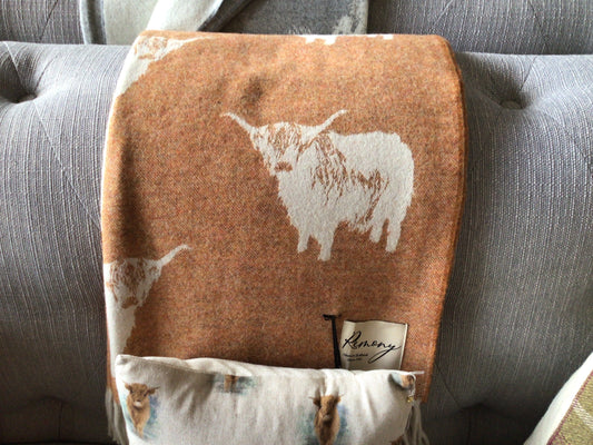 Isle Mill-Highland Cow Throw- Rust/Cream Double Sided Design lovescottish