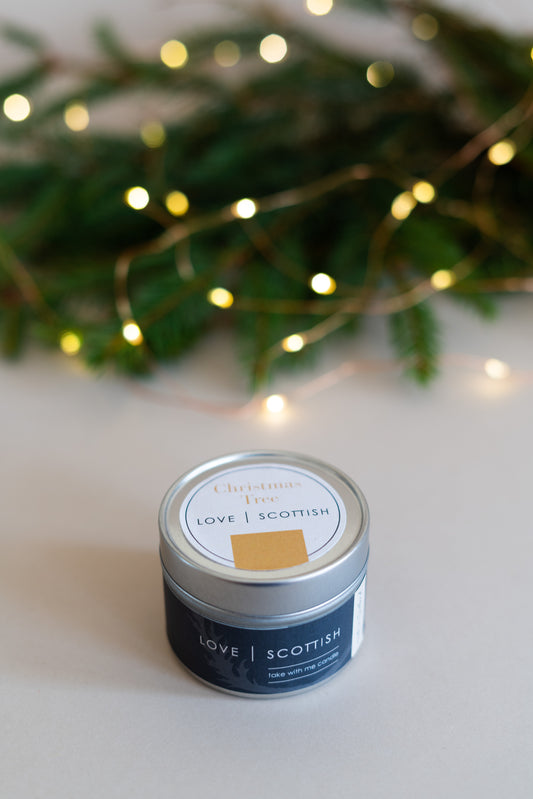 Love Scottish Christmas Tree Travel Tin Candle. Made in Scotland
