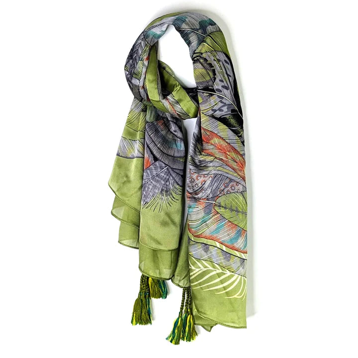 Sarah Tempest-Sweeping Feather Print Scarf with corner Tassels