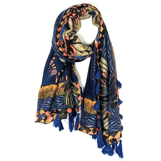 Sarah Tempest-Navy Cosmic Aztec Style Scarf with Tassel edge