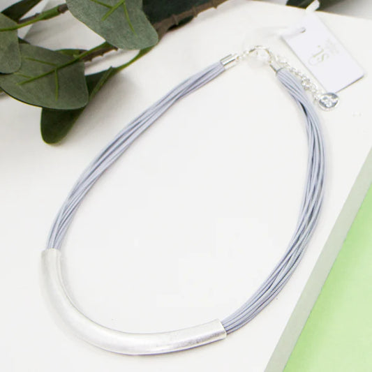 Sarah Tempest-Grey Fine Wax Cord Necklace with Metal Bar