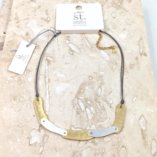 Sarah Tempest-Organic Shaped Hinged Sections On Leather Necklace