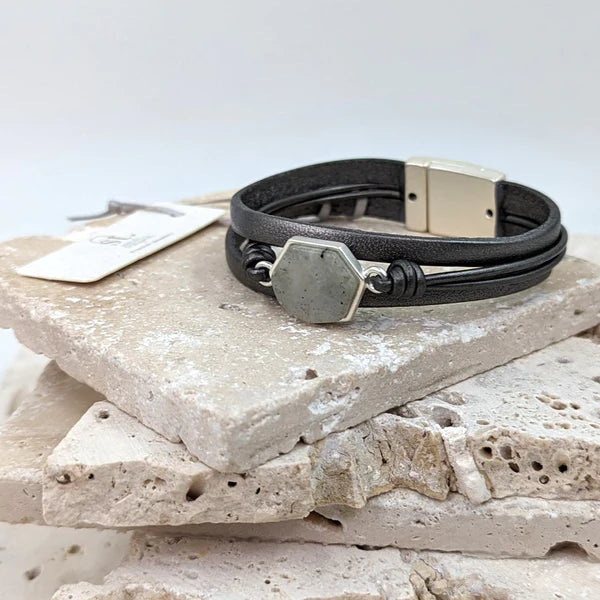 Sarah Tempest-Grey Geometric Semi Precious Inlay and Leather Strap Bracelet
