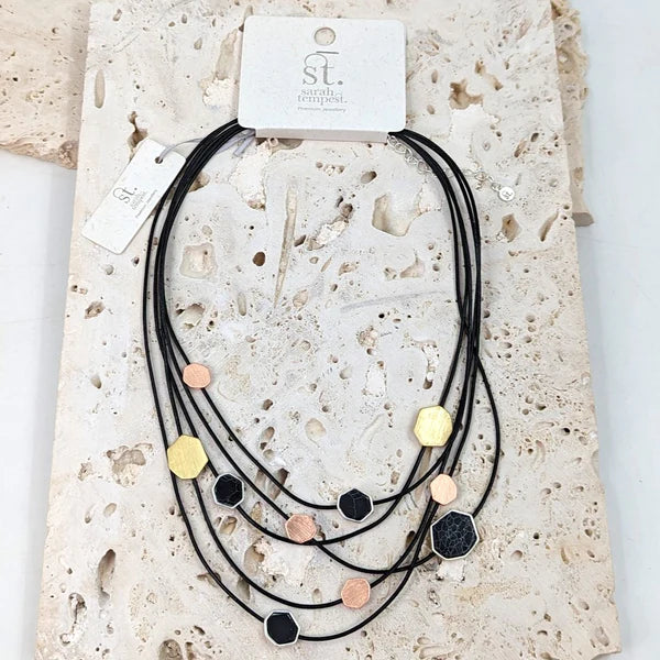 Sarah Tempest-Black-Multi Geometric Designs on Multi Strand Leather Necklace