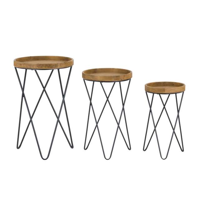 Round Wooden Side Table with Black Metal Legs