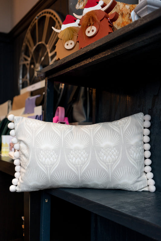 Tuppence-Art Decco Long Thistle Cushion with pom pom trim